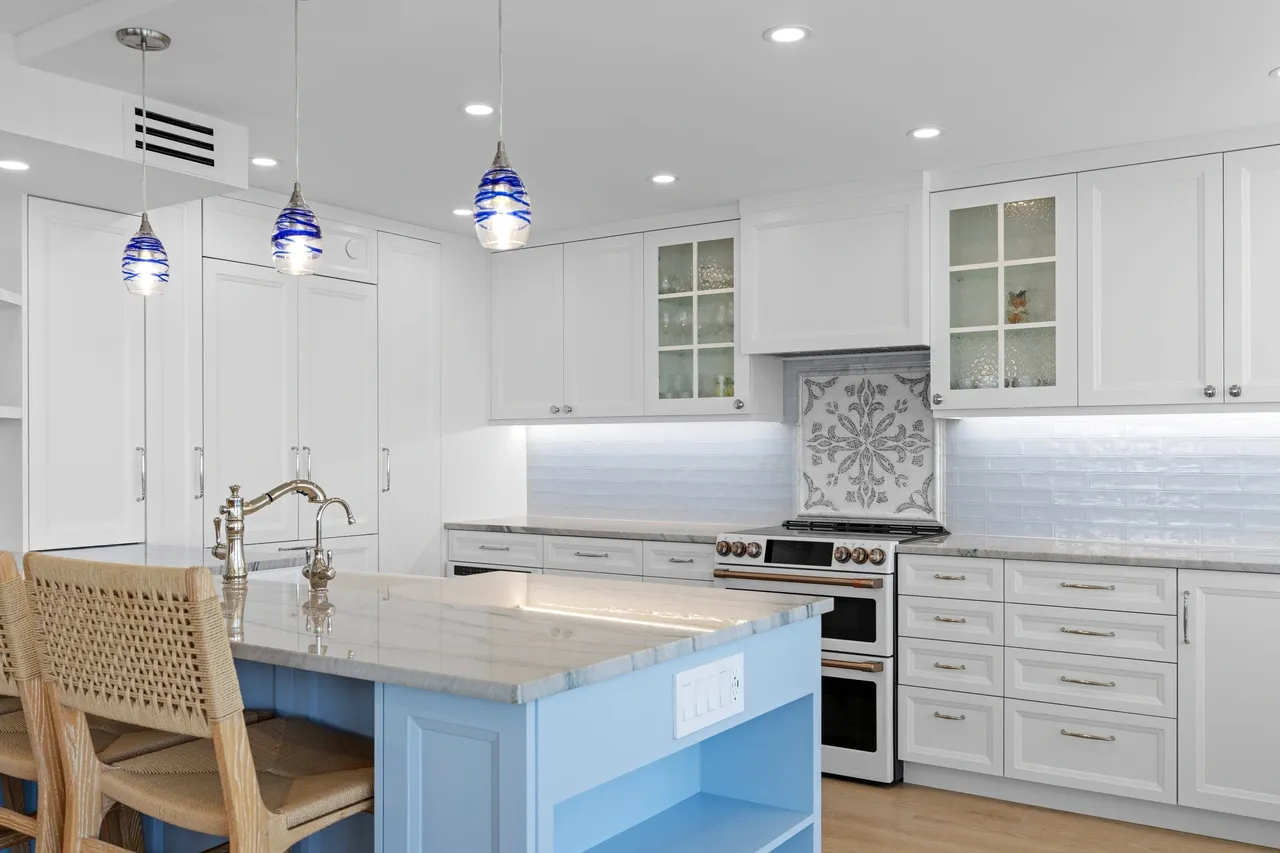 Bright kitchen with hanging lights